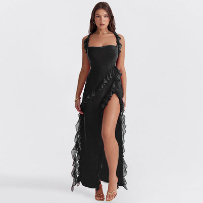 Elegante maxi jurk met geplooide details op de schouderbanden