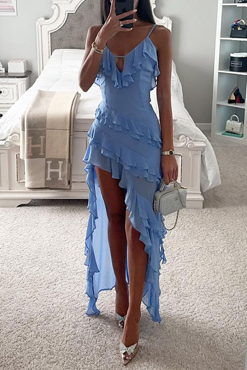 Elegante maxi jurk met dunne bandjes asymmetrische zoom en ruches