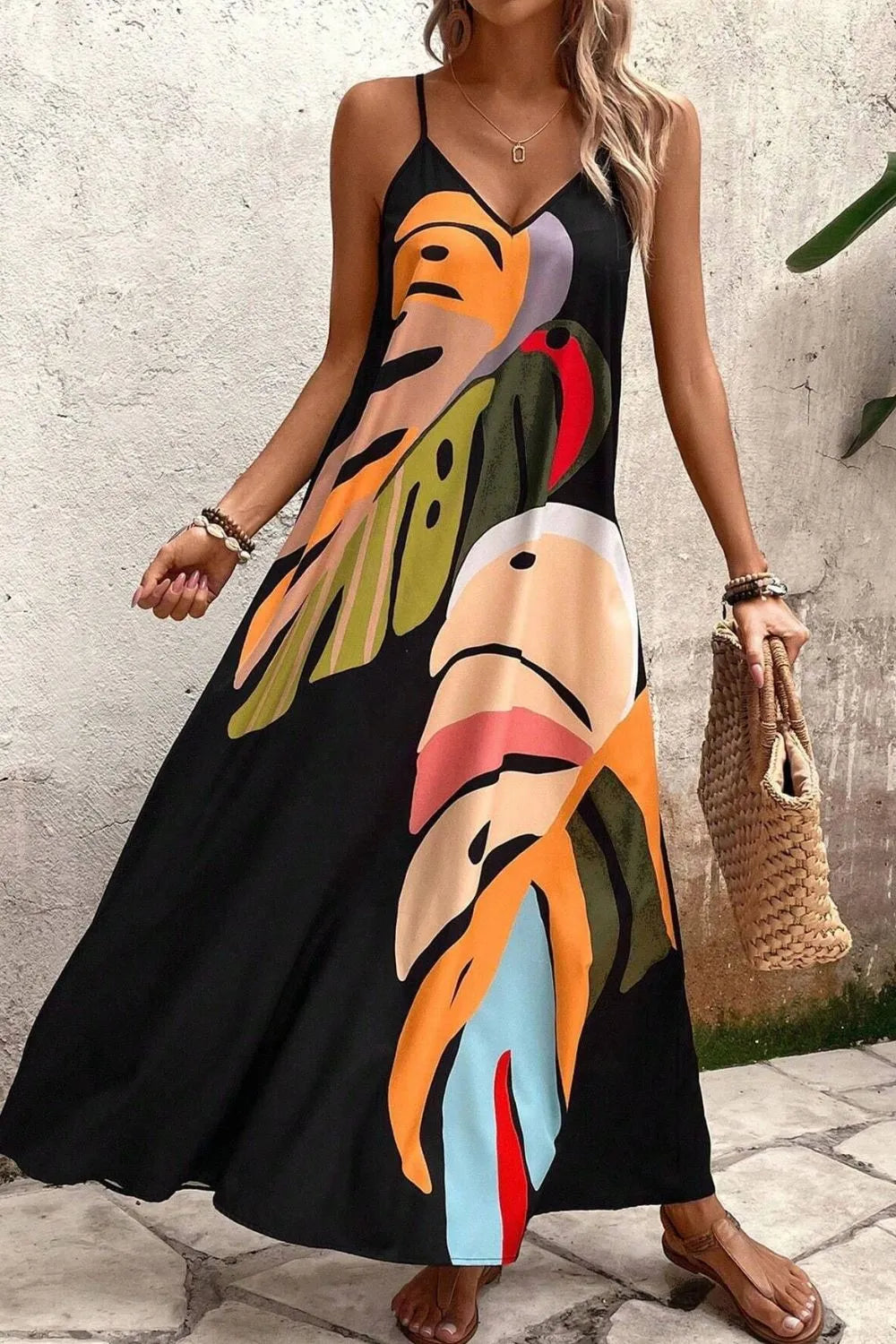 Zomerse maxi jurk met bladerenmotief en V-hals