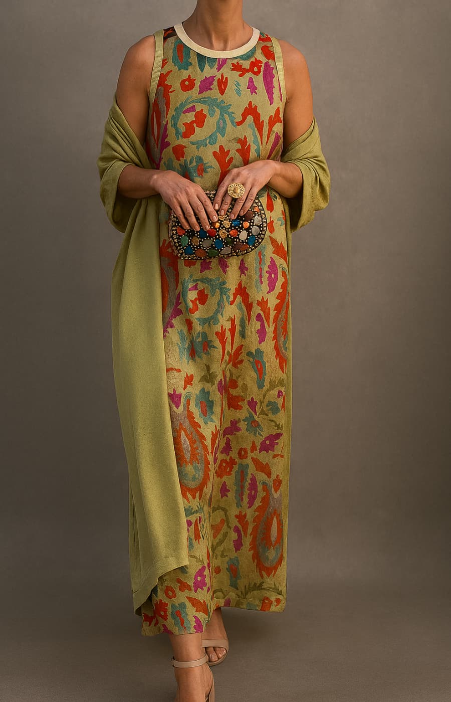 Elegante mouwloze maxi jurk met vintage uitstraling