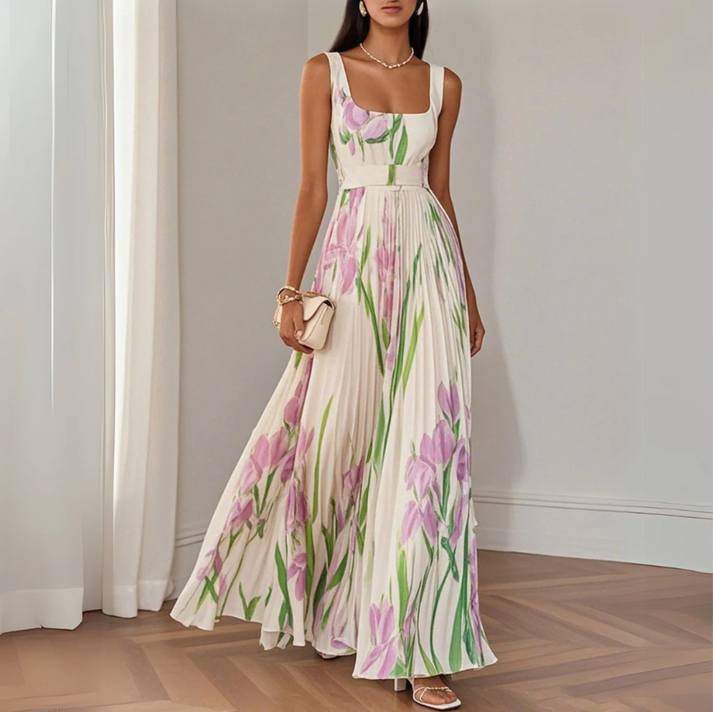 Elegante maxi jurk met schouderbanden, plissé rok en delicaat bloemenprint