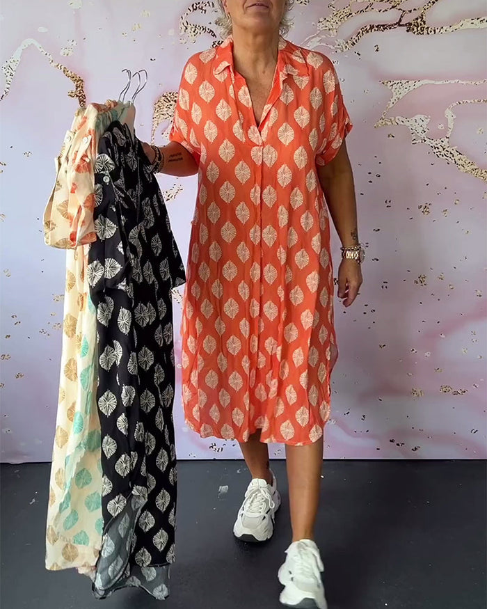 Elegante midi overhemdjurk met korte mouwen in boho stijl
