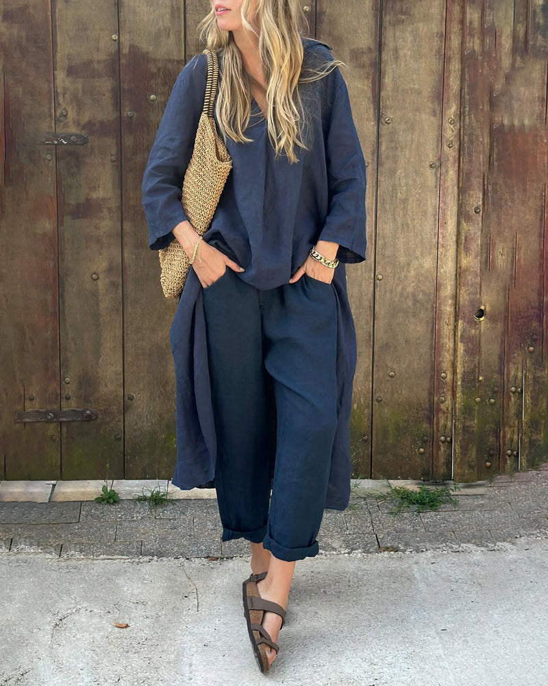 Luchtig damespak met lange blouse en losse broek voor een stijlvolle zomerse uitstraling