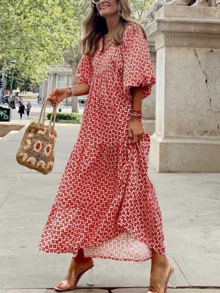 Elegante zomer maxi jurk met korte pofmouwen