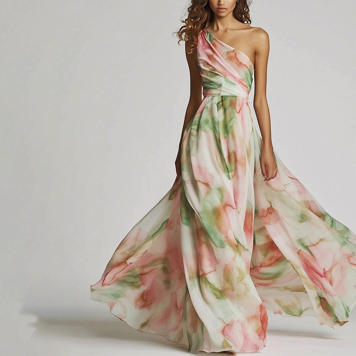 Zomerse maxi jurk met speelse print en asymmetrische schouderlijn