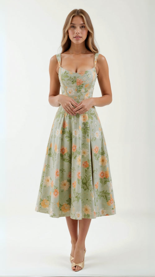 Middellange damesjurk met bloemenprint en fijne bandjes