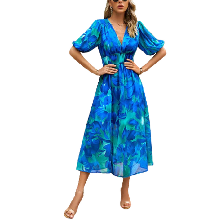 Zomerse midi jurk met korte pofmouwen en elegante uitstraling