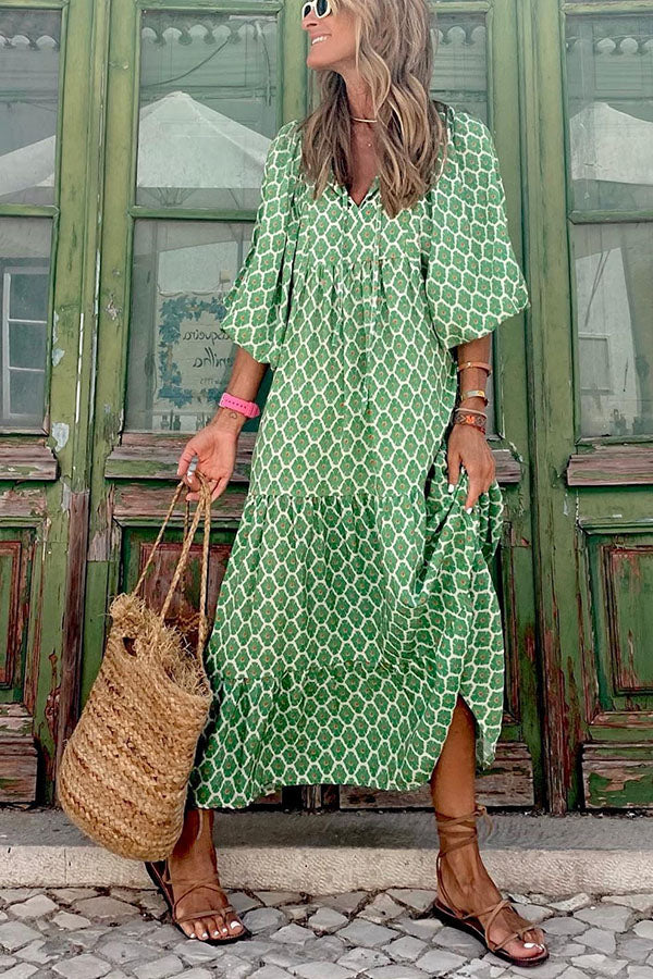 Midi jurk met pofmouwen en gelaagde rok voor een vrouwelijke look