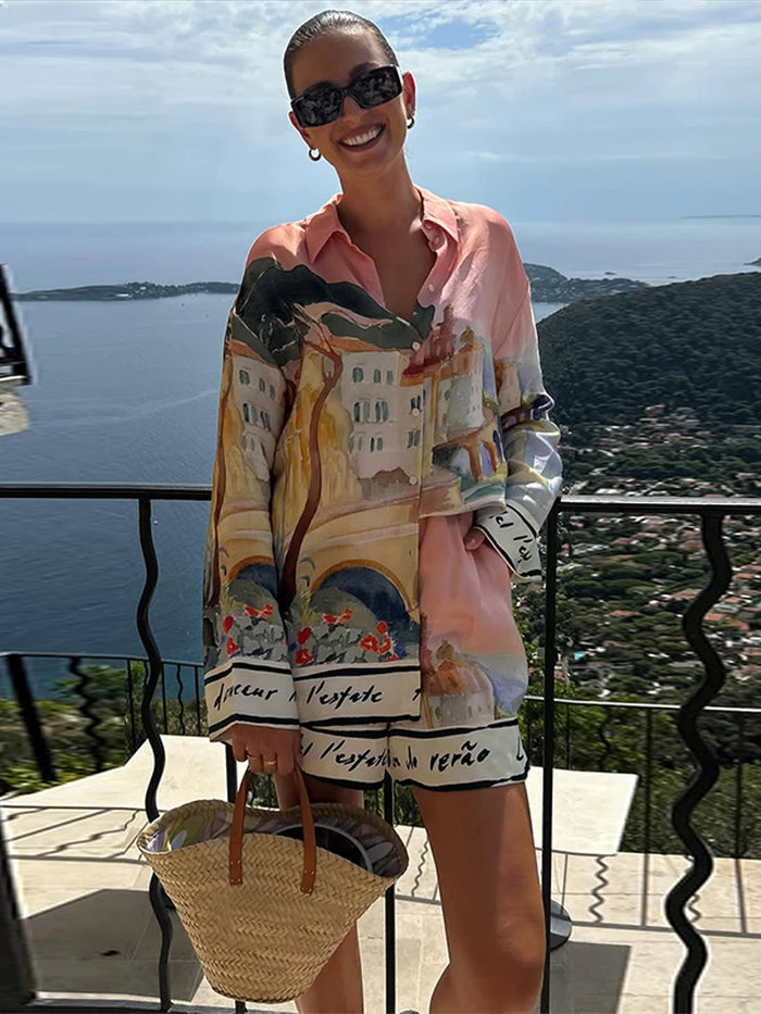 Zomers dames set met lange mouwen blouse en korte broek met print