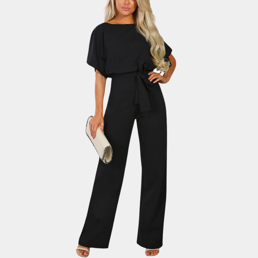 Elegante dames jumpsuit met korte mouwen ceintuur en wijde pijpen
