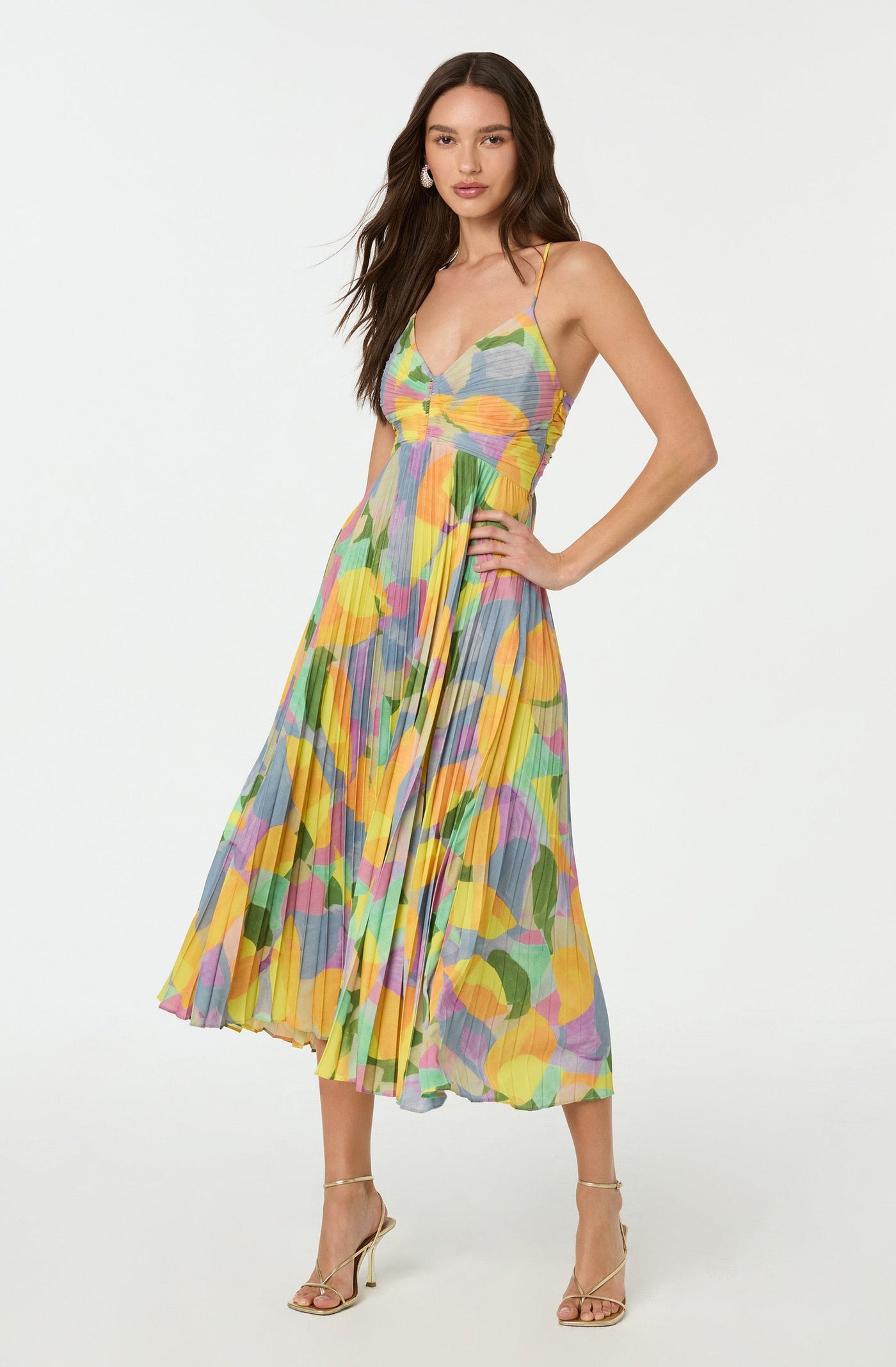Plissé maxi-jurk met fijne bandjes en subtiele bloemenprint voor een elegante look