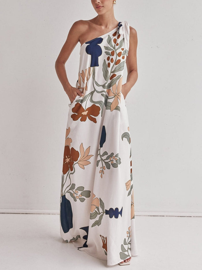 Asymmetrische damesjurk met print en vloeiende maxi lengte voor zomerse momenten