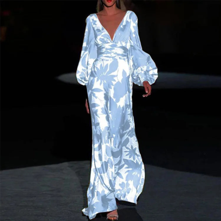 Elegante maxi jurk met diepe halslijn en lange mouwen