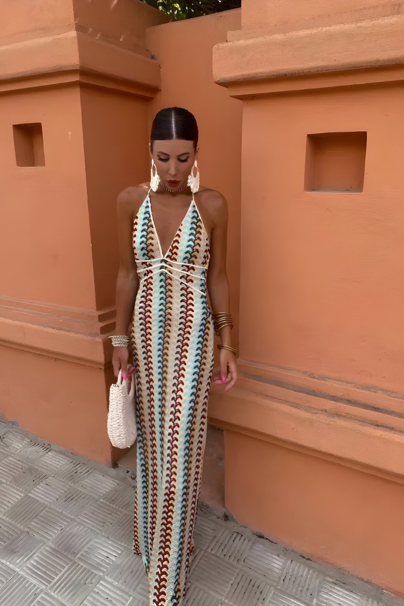 Boho maxi jurk met open rug en vloeiende pasvorm