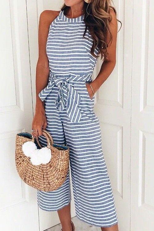 Gestreepte jumpsuit zonder mouwen met strikdetail en losse pijpen