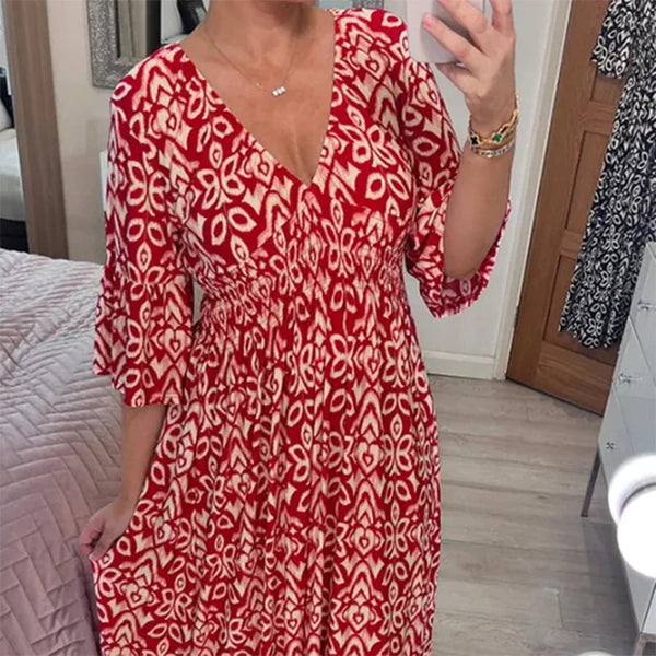 Casual maxi jurk met speels patroon en V-hals