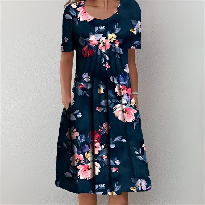 Klassieke midi damesjurk met bloemenprint en korte mouwen