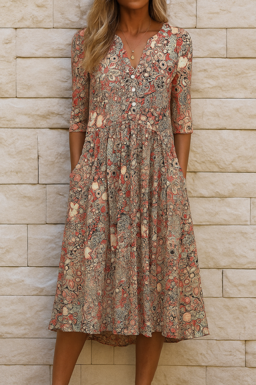 Elegante jurk met V hals en korte mouwen in midi lengte