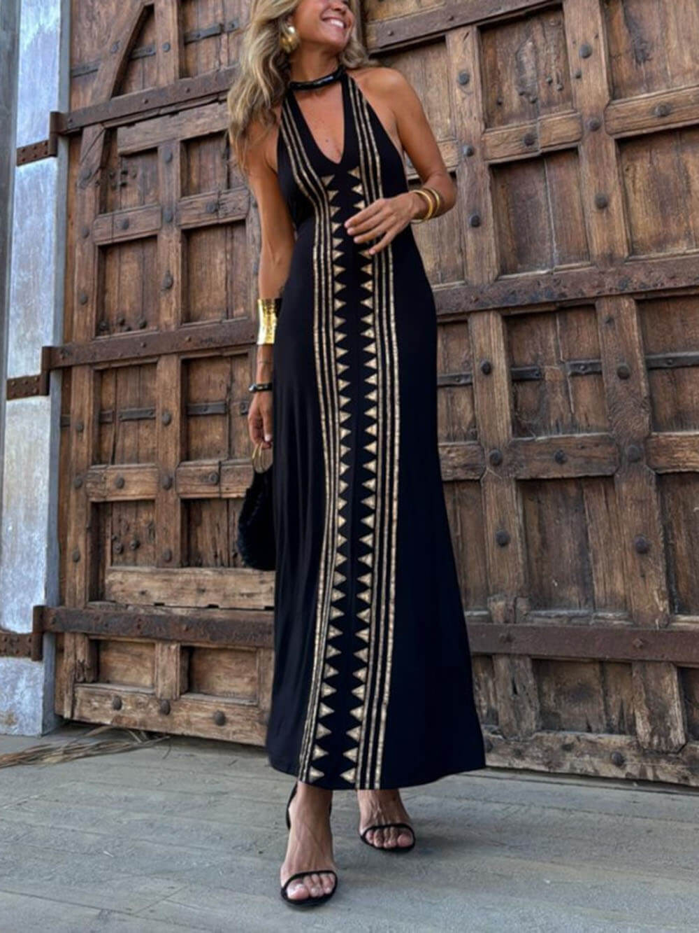 Maxi-jurk met halternek en geometrische print in opvallend open ontwerp