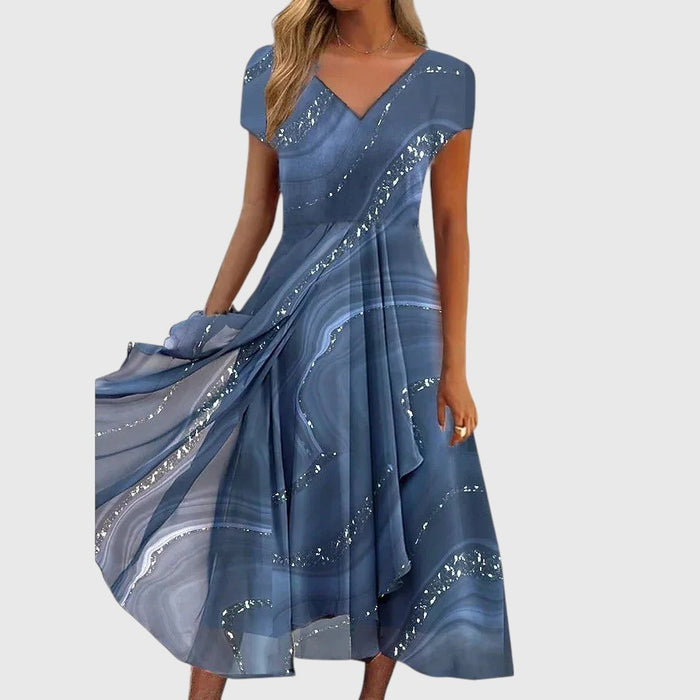 Elegante midi jurk met v-hals en korte mouwen