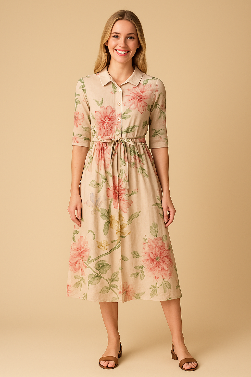Vintage midi jurk met botanische bloemenprint en elegante uitstraling