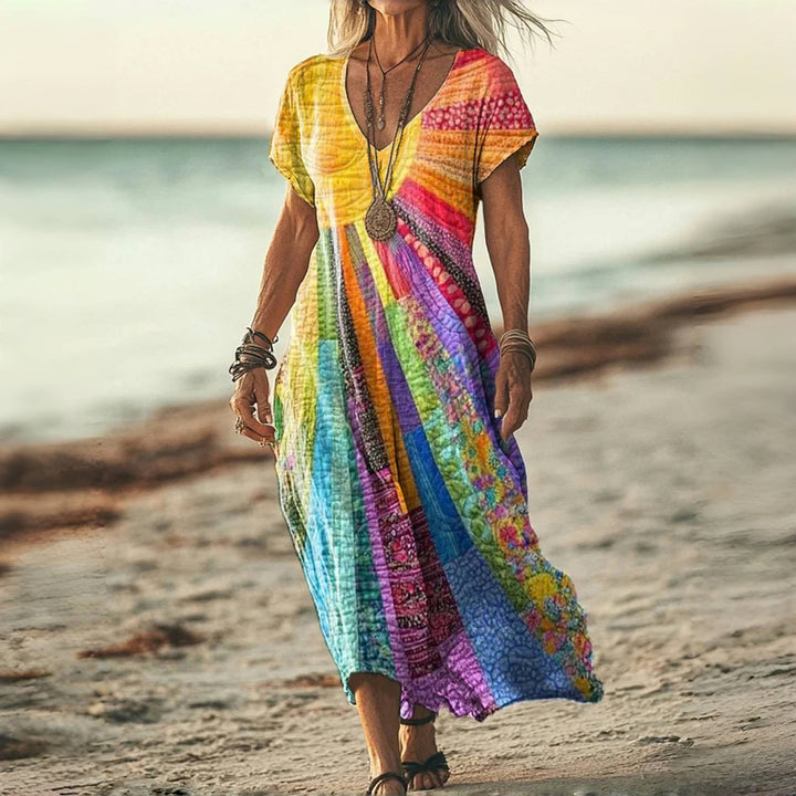 Casual maxi jurk met korte mouwen en levendige stijl
