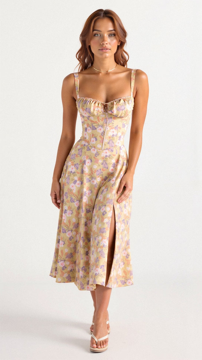 Elegante midi jurk met corset look en stijlvolle uitstraling