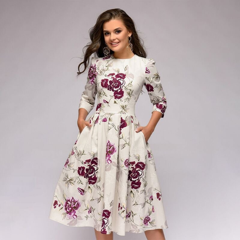 Elegante dames A-lijn jurk met print en driekwart mouwen