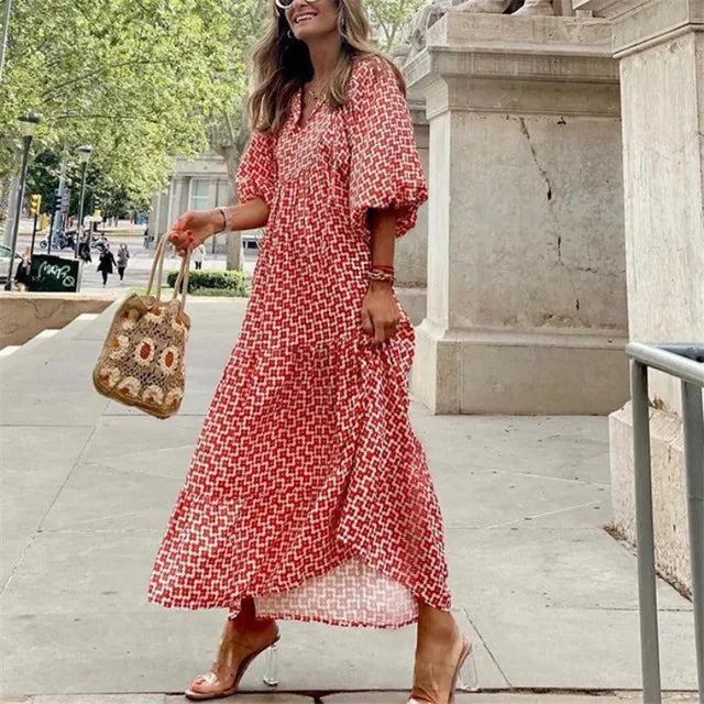 Lange boho jurk met bloemenprint v-hals en lange mouwen