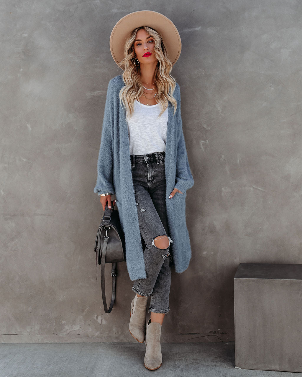 Stijlvolle Pocketed Fuzzy Cardigan - Grijsblauw