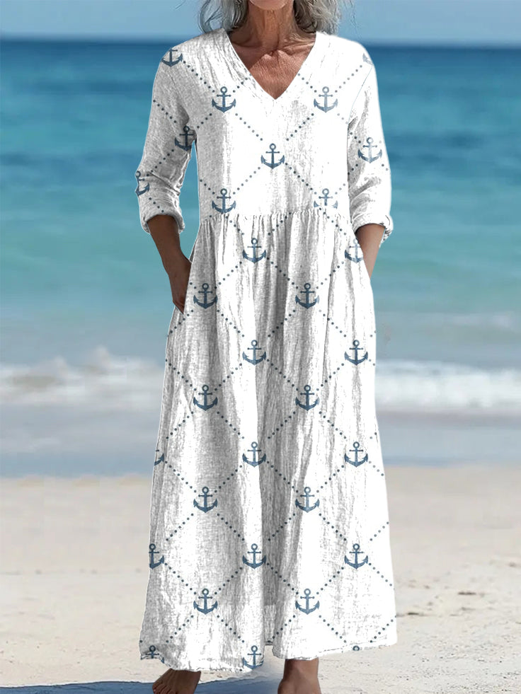 Zomerse maxi jurk met ankerprint voor strand en vakantie