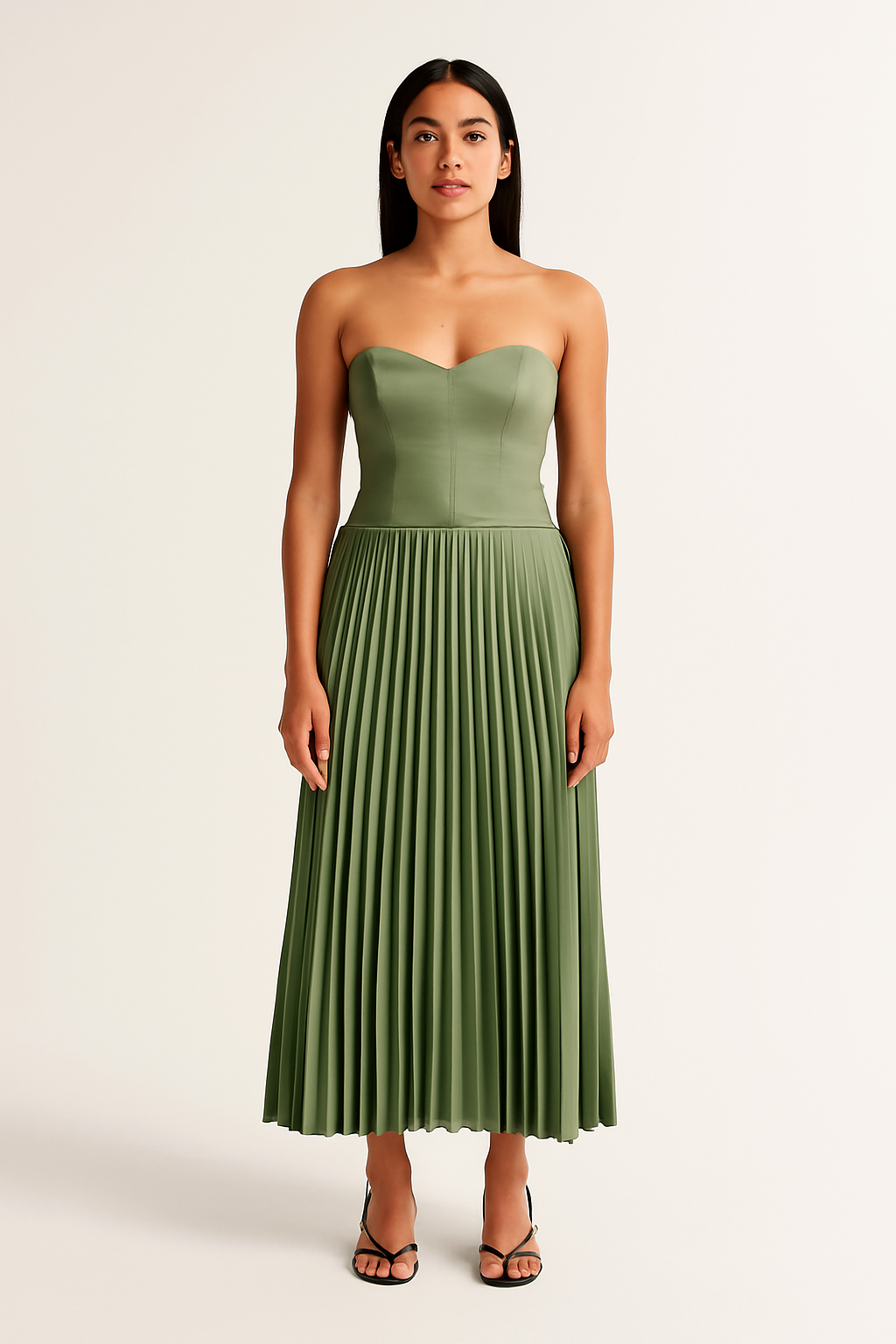 Elegante strapless midi jurk met geplooide rok