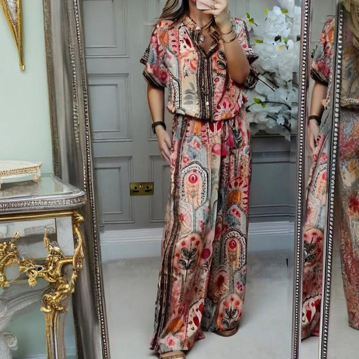 Dames tweedelige set met print blouse met wijde mouwen en wijde broek