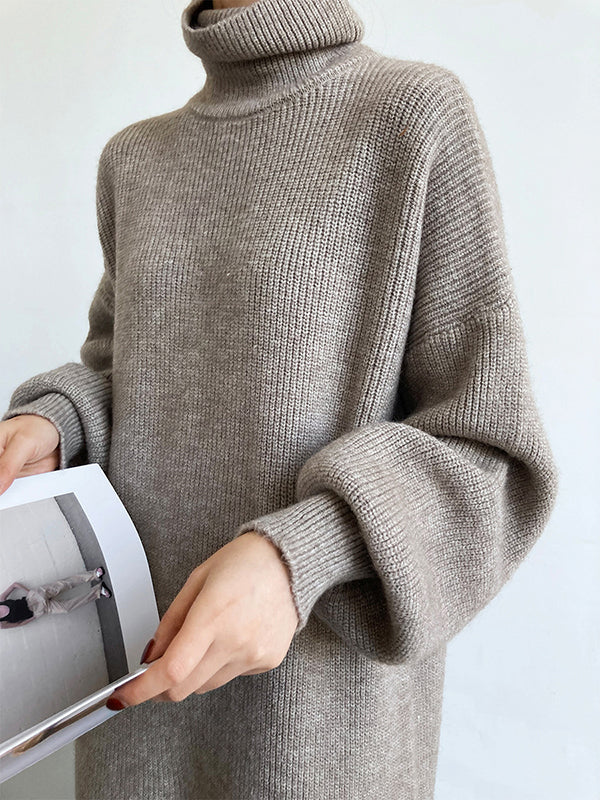 Lila Losse Hoge Hals Lange Puff Mouw Trui Jurk - Perfect voor Casual Chic