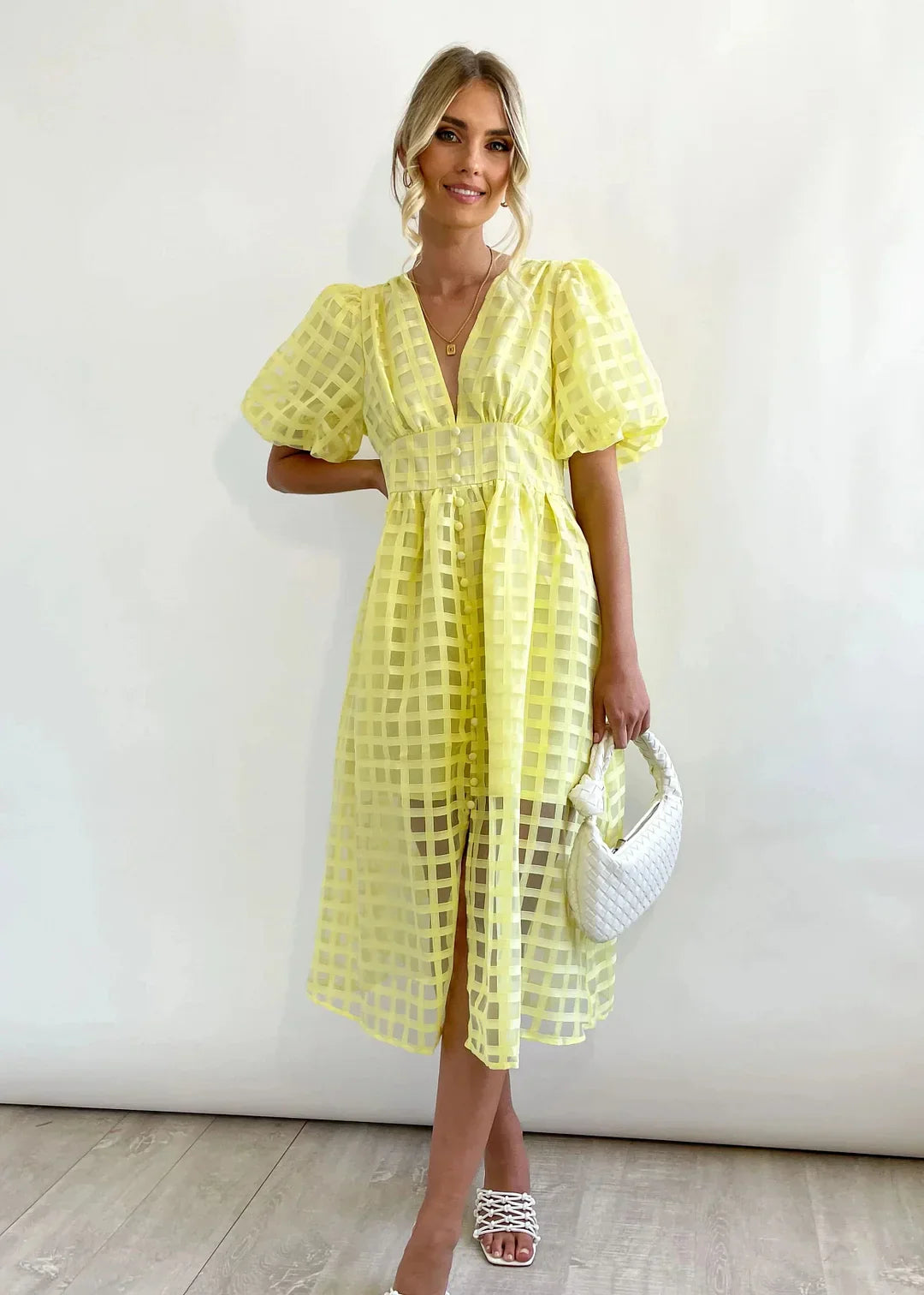 Nicole - Midi jurk met vierkante print en mouwen met ruches by Beauty