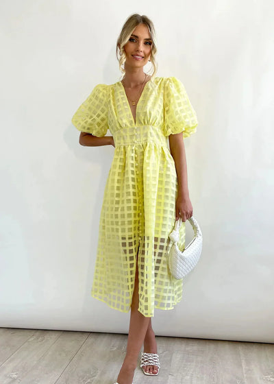 Nicole - Midi jurk met vierkante print en mouwen met ruches by Beauty