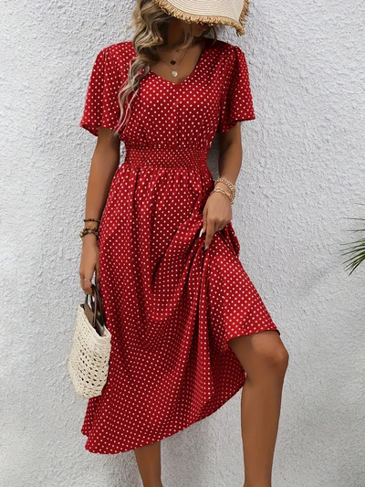 Carolina - Allover Print Shirred Waist Dress, Casual Jurk met Korte Mouwen