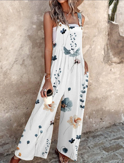 Stijlvolle lange jumpsuit met smalle bandjes wijde pijpen en print voor een moderne look