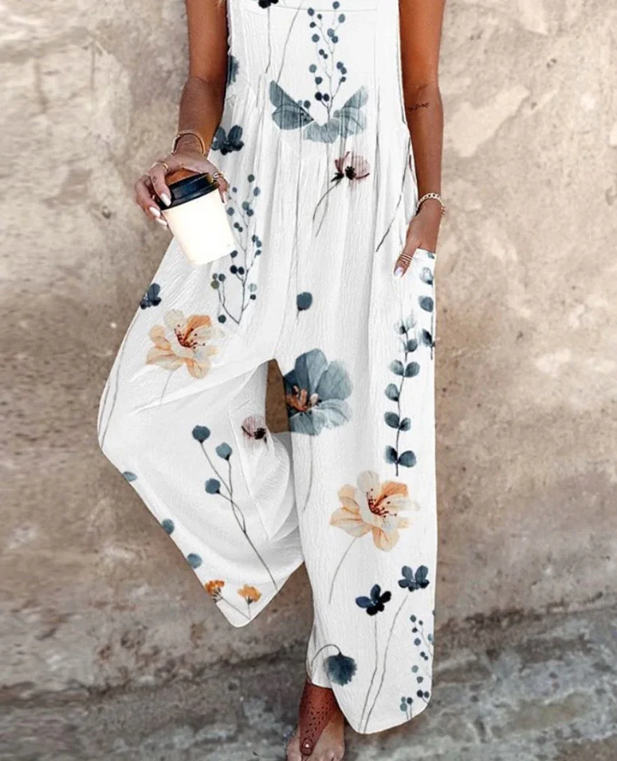 Stijlvolle lange jumpsuit met smalle bandjes wijde pijpen en print voor een moderne look