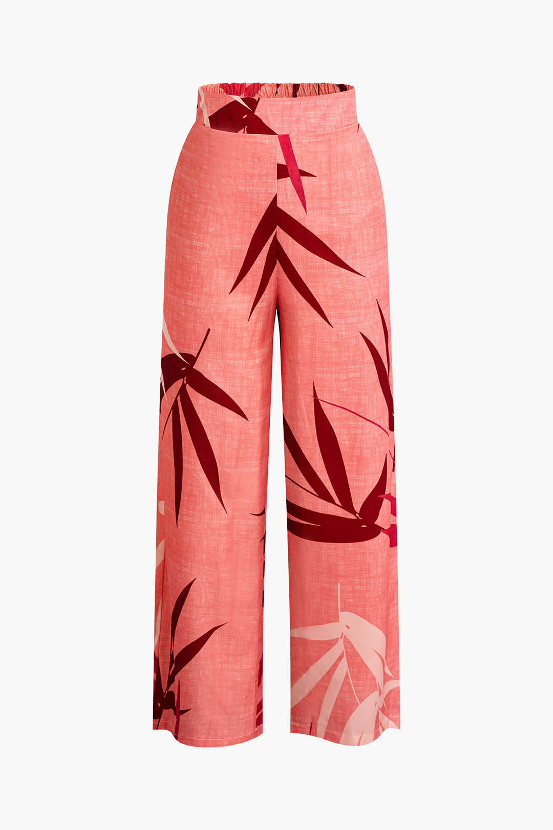 Tweedelige set met cropped top met strikbandjes en wijde broek met bamboebladerenprint