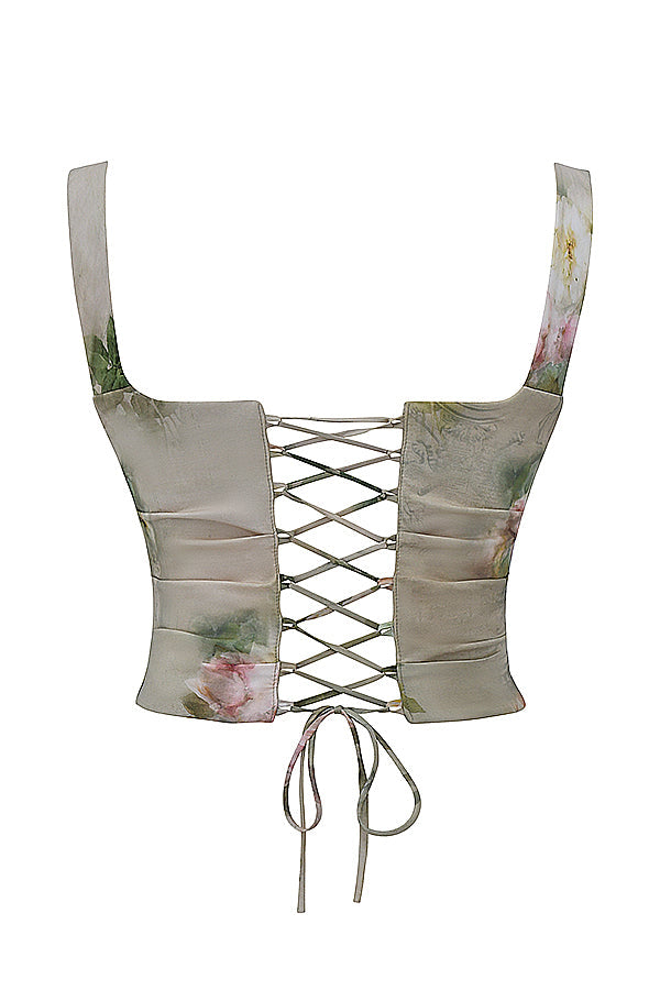 Vintage set met bloemenprint bestaande uit top met vetersluiting en lange rok