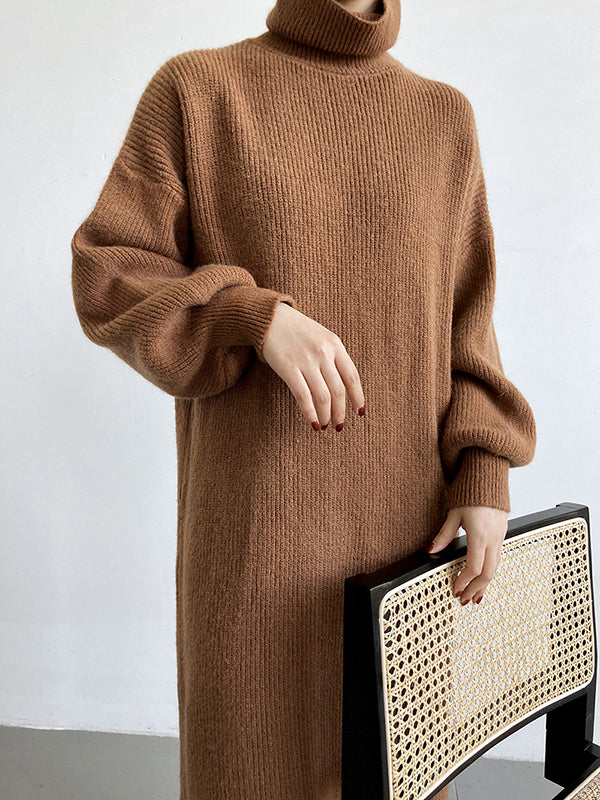 Lila Losse Hoge Hals Lange Puff Mouw Trui Jurk - Perfect voor Casual Chic