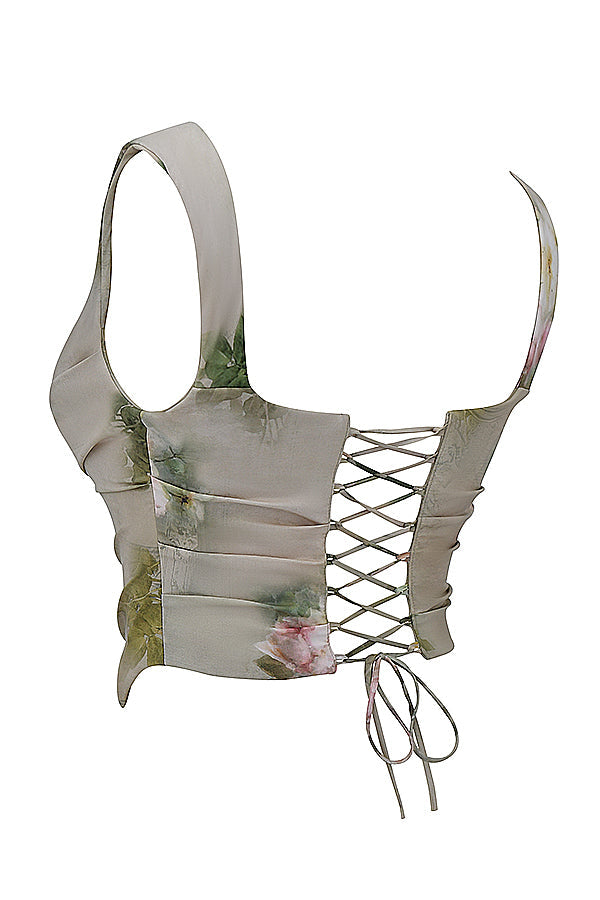 Vintage set met bloemenprint bestaande uit top met vetersluiting en lange rok