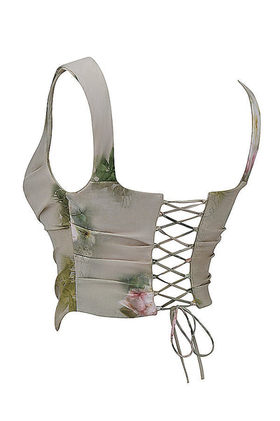Vintage set met bloemenprint bestaande uit top met vetersluiting en lange rok