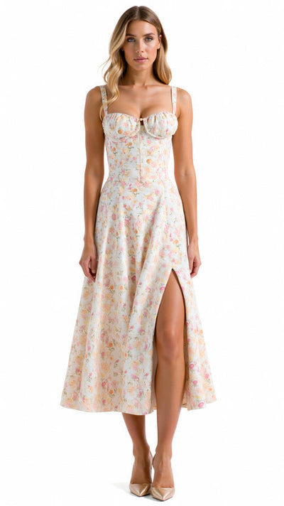 Elegante midi jurk zonder mouwen met bloemenmotief
