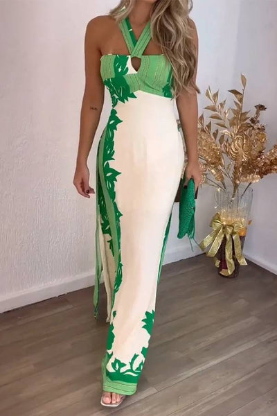 Elegante maxi jurk met halternek en print