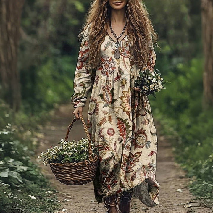 Vintage bloemenjurk met lange mouwen en maxi lengte