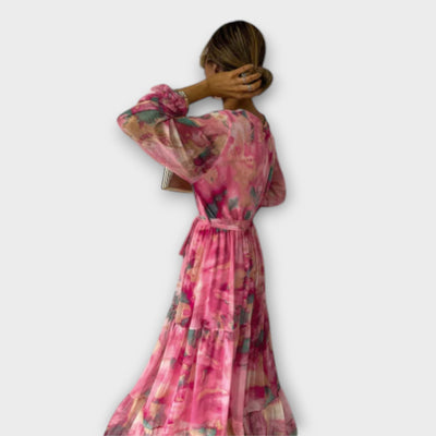 Delicate bloemen zomer maxi jurk met lange mouwen en riem