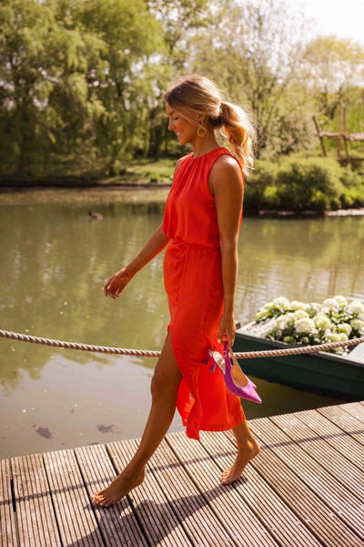 Elegante midi jurk zonder mouwen met ronde halslijn