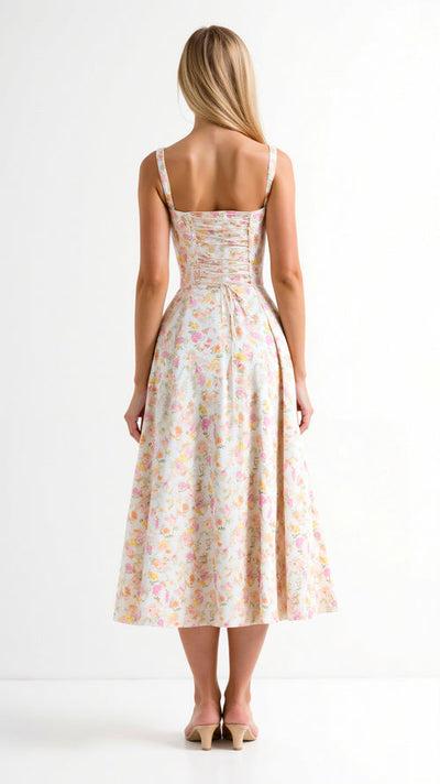 Elegante midi jurk zonder mouwen met bloemenmotief